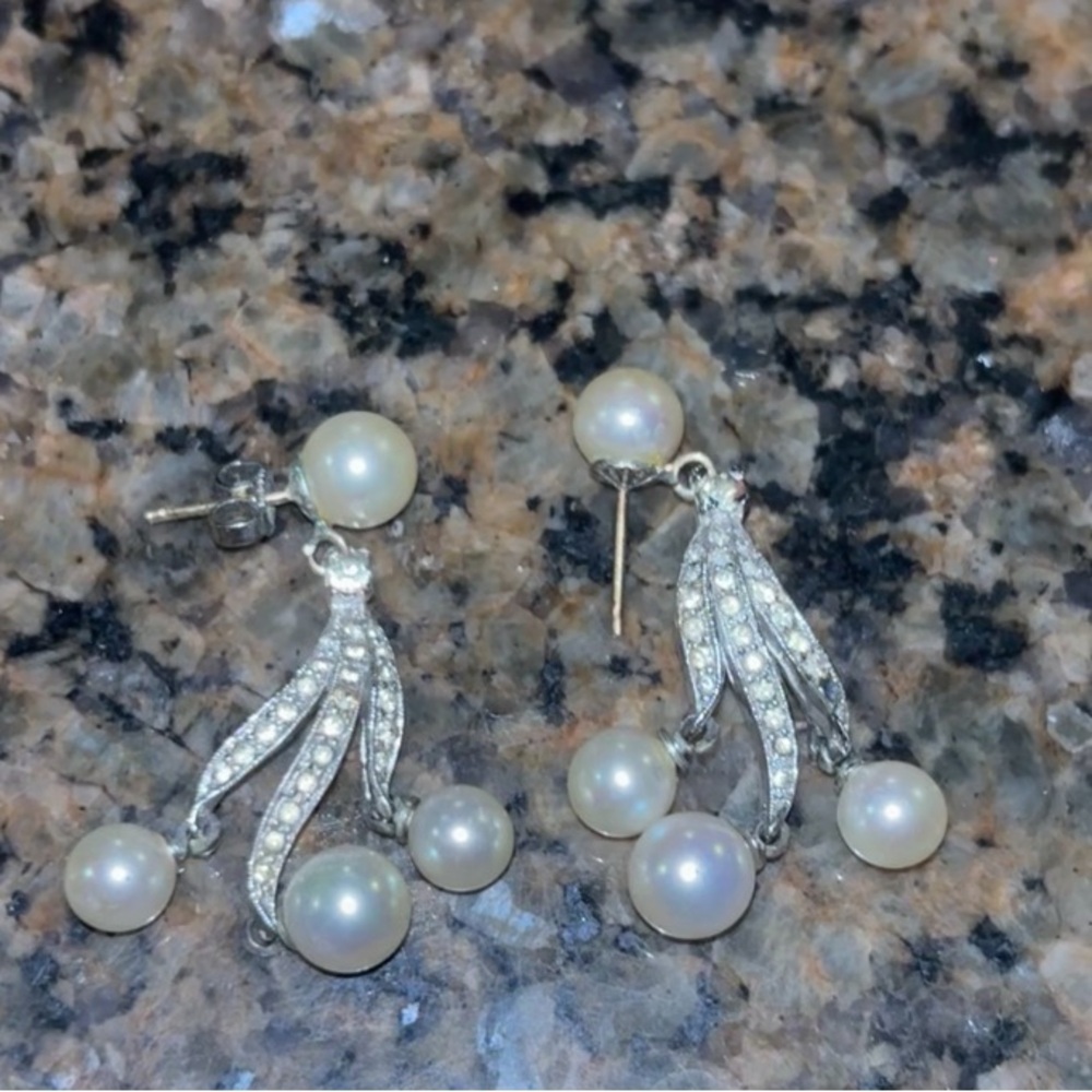 Pearl and Crystal Cascade Drop Earrings - White Pearls